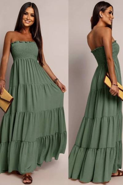 0365 Μάξι φόρεμα Strapless Classic Χακί