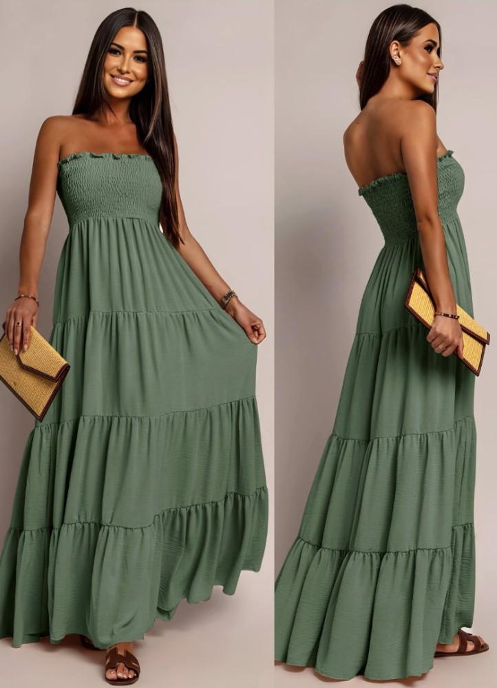 0365 Μάξι φόρεμα Strapless Classic Χακί