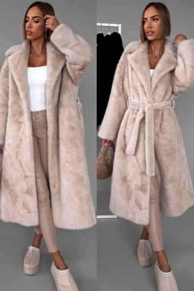 21398 Γούνα μακριά blazer με ζώνη Μπεζ