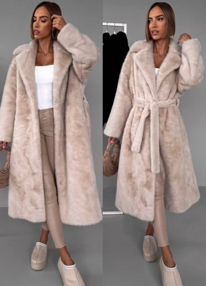 21398 Γούνα μακριά blazer με ζώνη Μπεζ