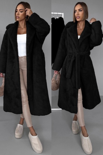 21398 Γούνα μακριά blazer με ζώνη Μαύρο