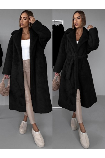 21398 Γούνα μακριά blazer με ζώνη Μαύρο