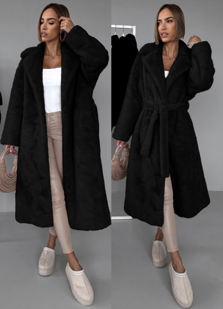 21398 Γούνα μακριά blazer με ζώνη Μαύρο