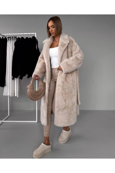21398 Γούνα μακριά blazer με ζώνη Μπεζ