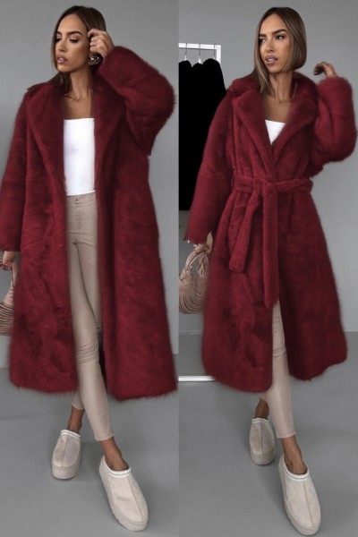 21398 Γούνα μακριά blazer με ζώνη Μπορντό