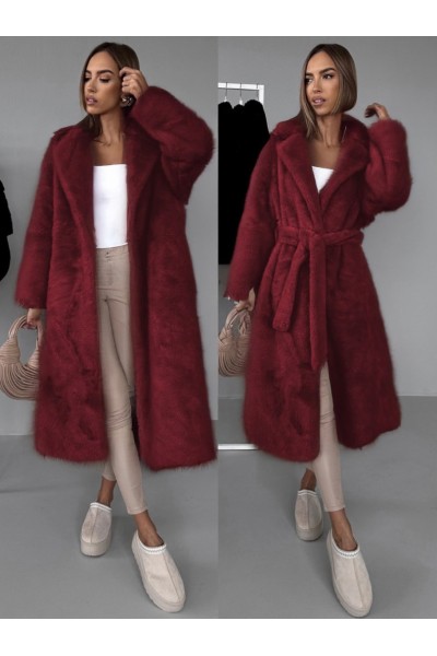 21398 Γούνα μακριά blazer με ζώνη Μπορντό