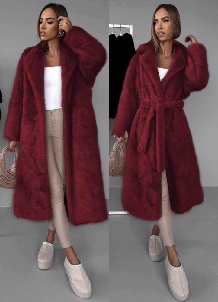 21398 Γούνα μακριά blazer με ζώνη Μπορντό