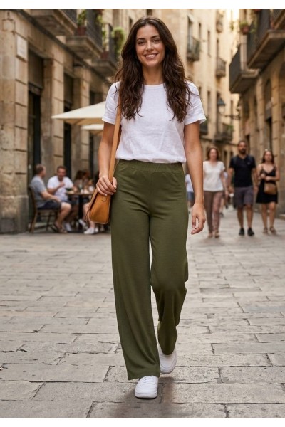 19647 Παντελόνα Wide Style Χακί