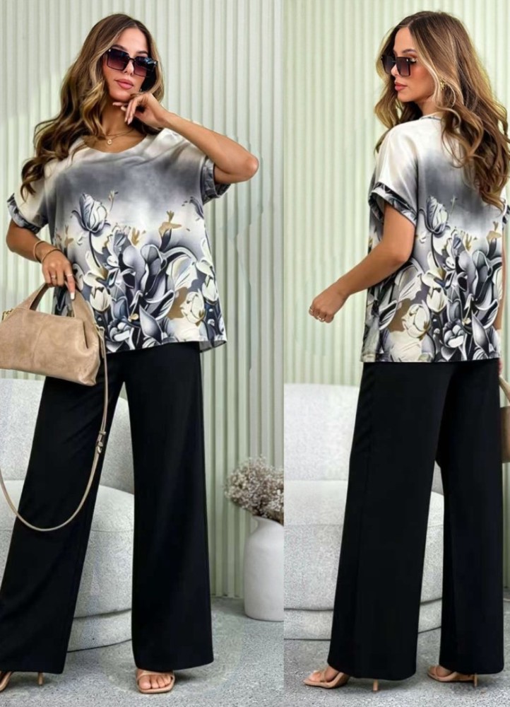 12938 Σετ παντελόνα & μπλούζα Floral Μαύρο