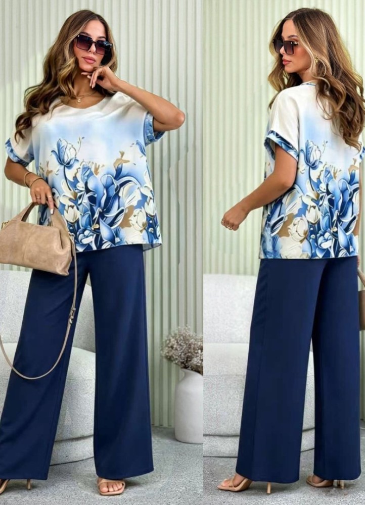 12938 Σετ παντελόνα & μπλούζα Floral Μπλε