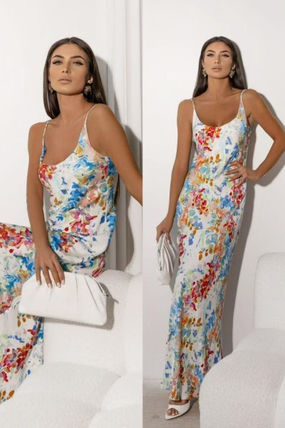 0315 Μάξι φόρεμα floral σατινέ Γαλάζιο