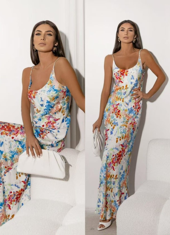 0315 Μάξι φόρεμα floral σατινέ Γαλάζιο