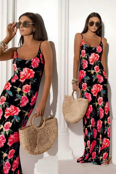 0315 Μάξι φόρεμα floral σατινέ Μαύρο