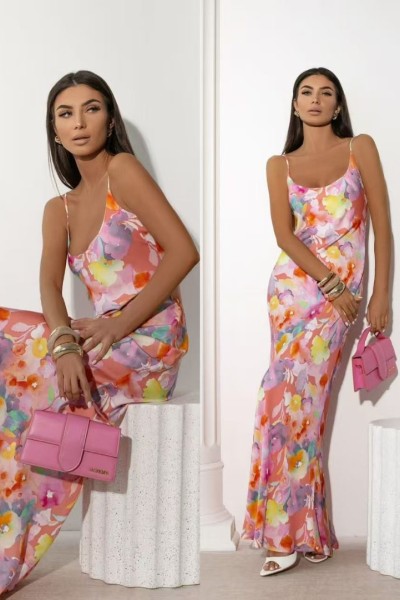 0315 Μάξι φόρεμα floral σατινέ Ροζ