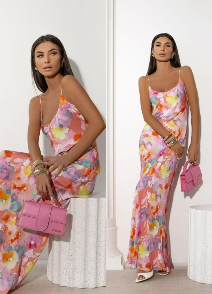 0315 Μάξι φόρεμα floral σατινέ Ροζ