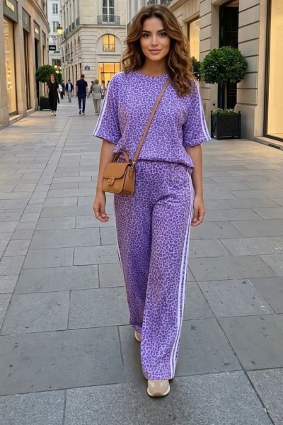 12973 Σετ παντελόνι & μπλούζα stripes leopard Μωβ