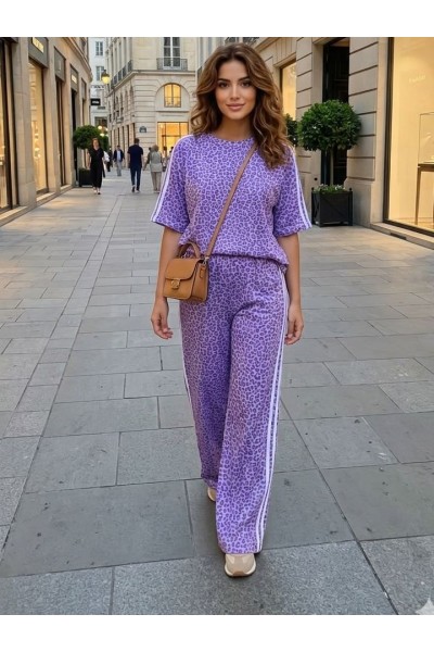12973 Σετ παντελόνι & μπλούζα stripes leopard Μωβ