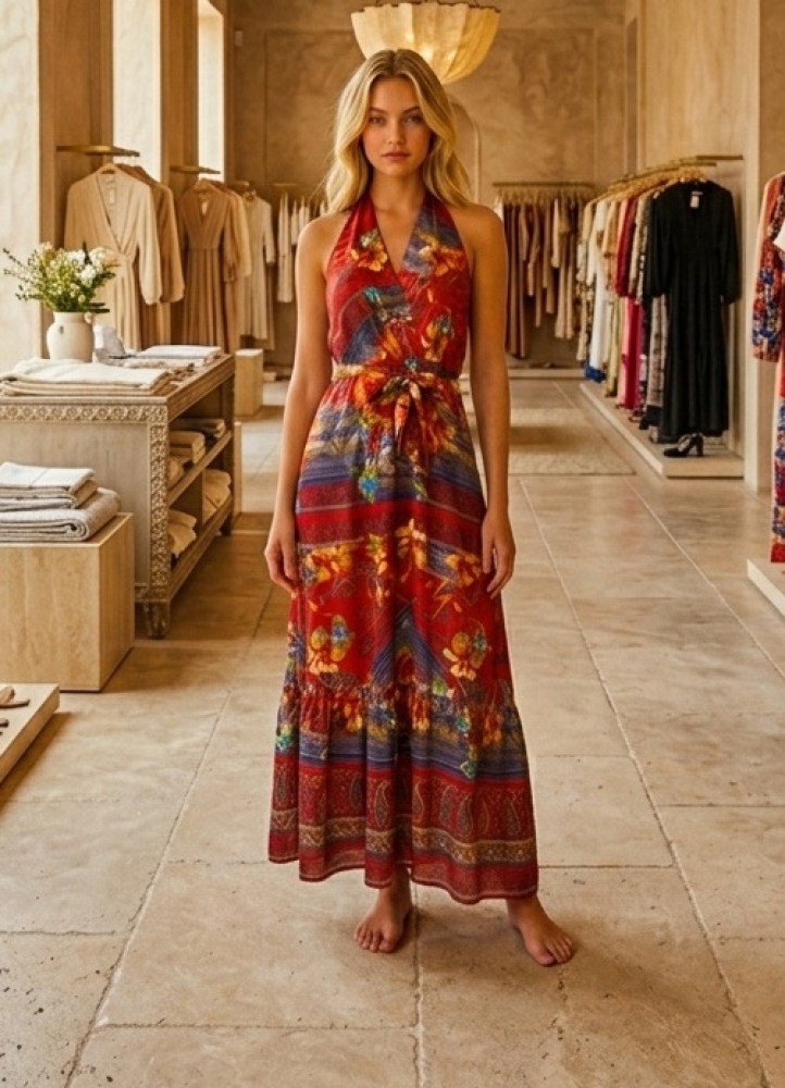 0298 Μάξι φόρεμα floral krouaze Κόκκινο