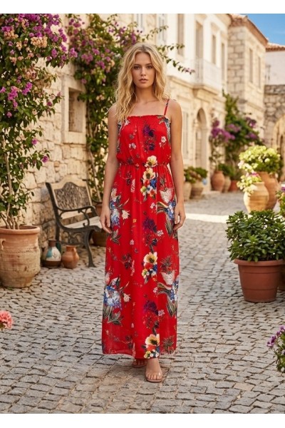 0298 Μάξι φόρεμα floral Κόκκινο
