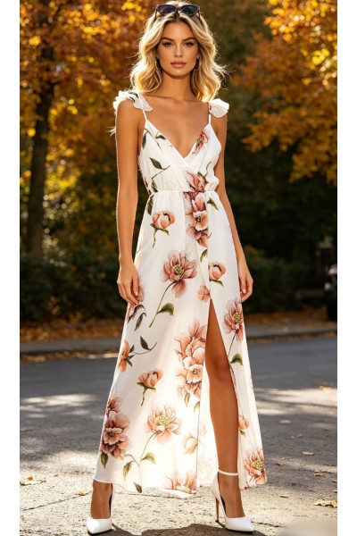 0298 Μάξι φόρεμα floral τιραντέ Λευκό
