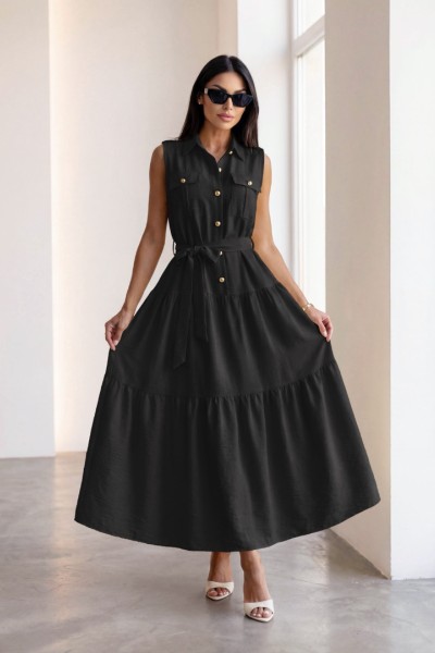  0292 Μάξι φόρεμα με γιακαδάκι και κουμπιά Μαύρο