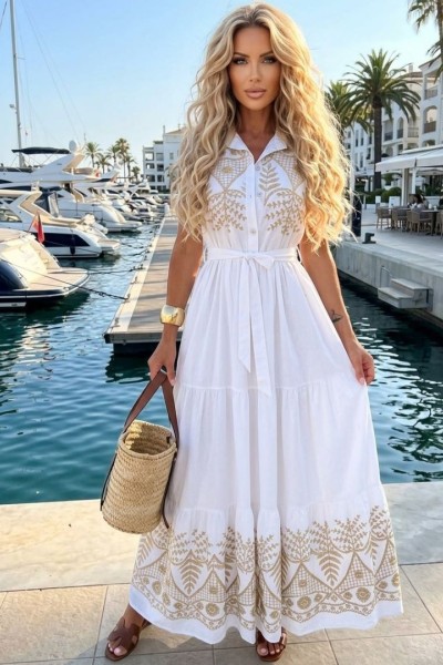 0282 Αμάνικο Μάξι Boho Φόρεμα με Χρυσό Κέντημα Λευκό