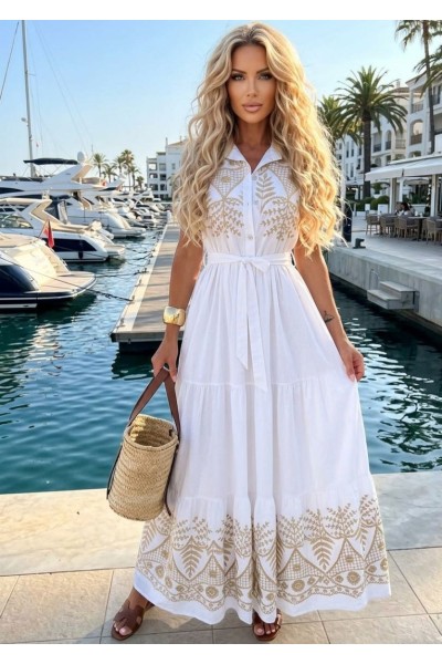 0282 Αμάνικο Μάξι Boho Φόρεμα με Χρυσό Κέντημα Λευκό