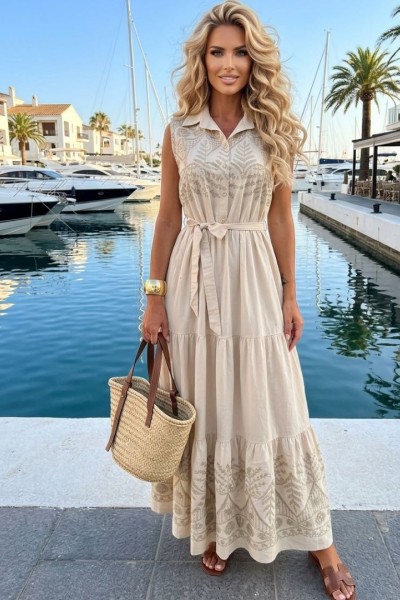 0282 Αμάνικο Μάξι Boho Φόρεμα με Χρυσό Κέντημα Μπεζ