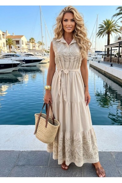 0282 Αμάνικο Μάξι Boho Φόρεμα με Χρυσό Κέντημα Μπεζ