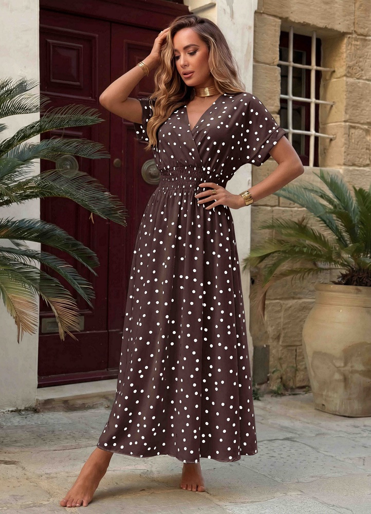  0269 Μάξι φόρεμα κρουαζέ πουά Καφέ