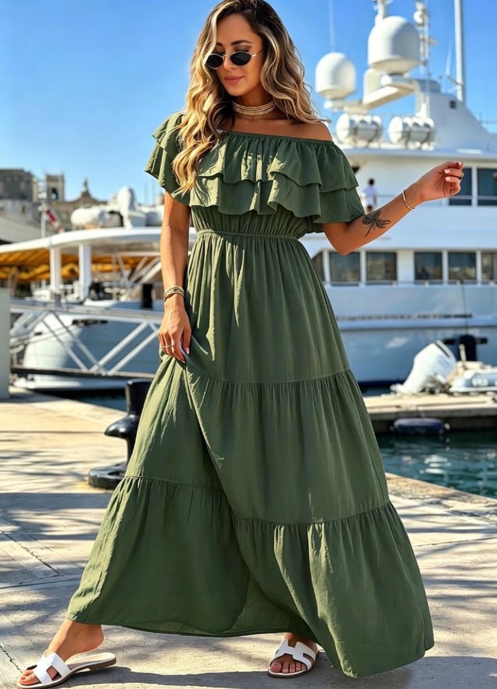 0268 Μάξι φόρεμα με βολάν  έξωμο Χακί