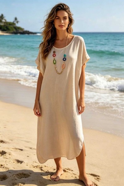 0264 Μίντι φόρεμα oversize με κολιέ Μπεζ