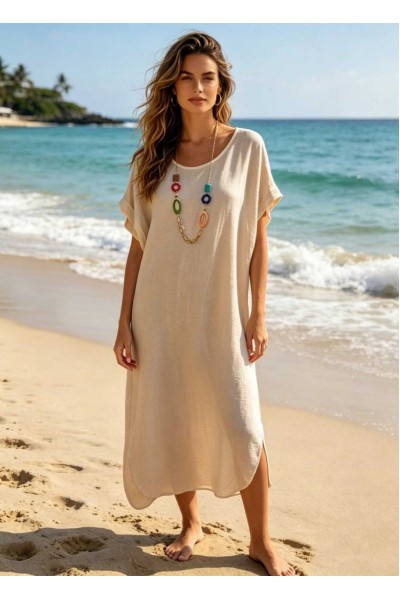 0264 Μίντι φόρεμα oversize με κολιέ Μπεζ