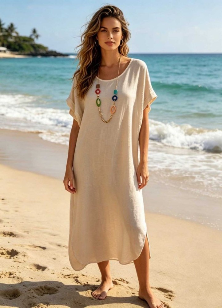 0264 Μίντι φόρεμα oversize με κολιέ Μπεζ