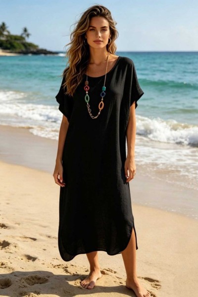 0264 Μίντι φόρεμα oversize με κολιέ Μαύρο