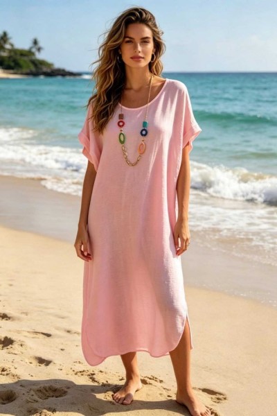 0264 Μίντι φόρεμα oversize με κολιέ Ροζ