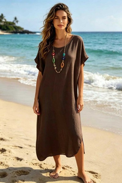 0264 Μίντι φόρεμα oversize με κολιέ Καφέ