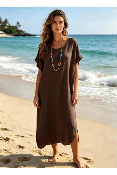 0264 Μίντι φόρεμα oversize με κολιέ Καφέ