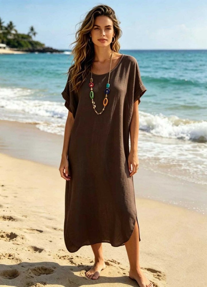 0264 Μίντι φόρεμα oversize με κολιέ Καφέ