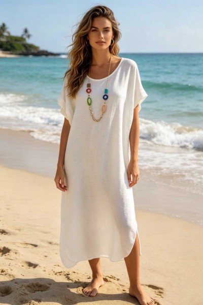 0264 Μίντι φόρεμα oversize με κολιέ Λευκό