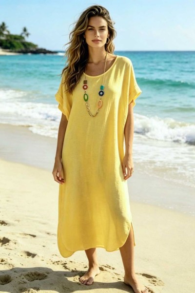 0264 Μίντι φόρεμα oversize με κολιέ Κίτρινο