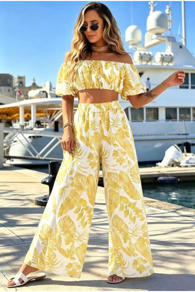12896 Σετ παντελόνι με crop top φλοράλ Κίτρινο