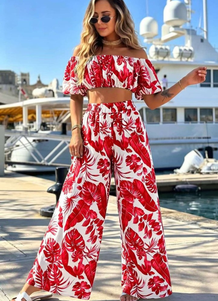 12896 Σετ παντελόνι με crop top φλοράλ Κόκκινο