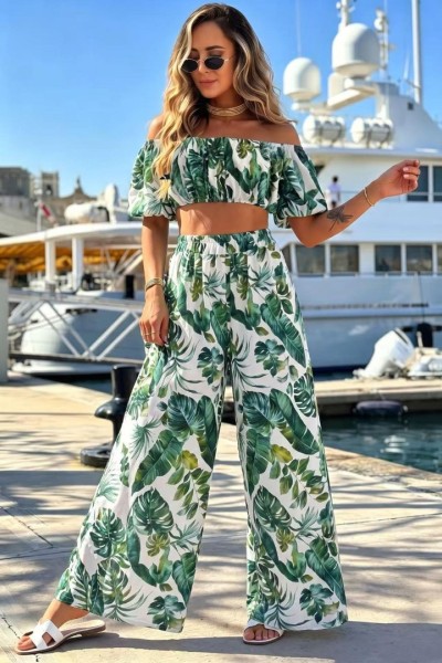 12896 Σετ παντελόνι με crop top φλοράλ Πράσινο