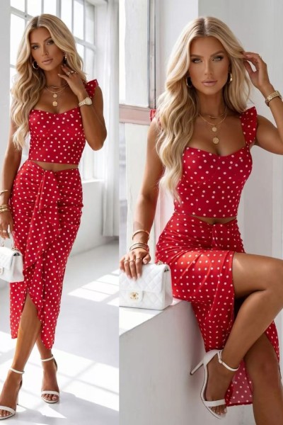 12890 Σετ φούστα με crop top σε διάφορα ντεσέν Κόκκινο