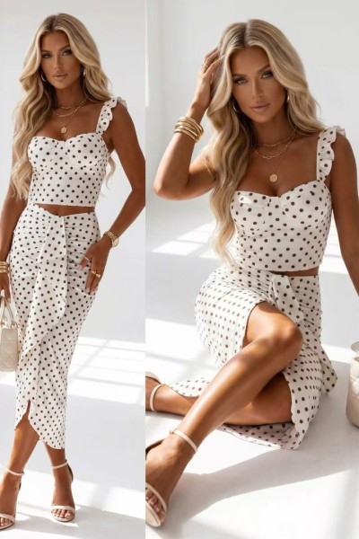 12890 Σετ φούστα με crop top σε διάφορα ντεσέν Λευκό