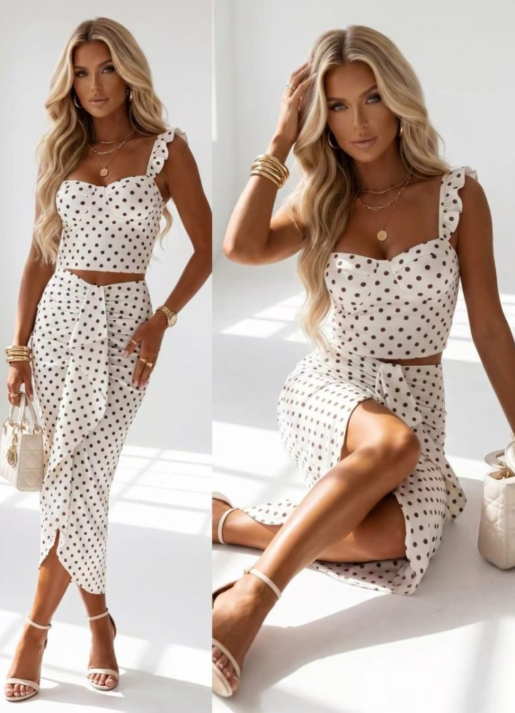 12890 Σετ φούστα με crop top σε διάφορα ντεσέν Λευκό