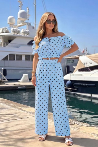 12898 Σετ πουά crop top με παντελόνα Γαλάζιο