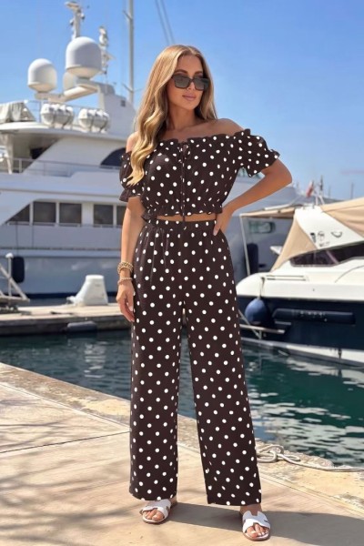 12898 Σετ πουά crop top με παντελόνα Καφέ