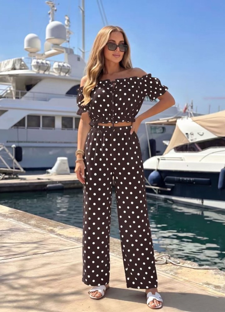 12898 Σετ πουά crop top με παντελόνα Καφέ